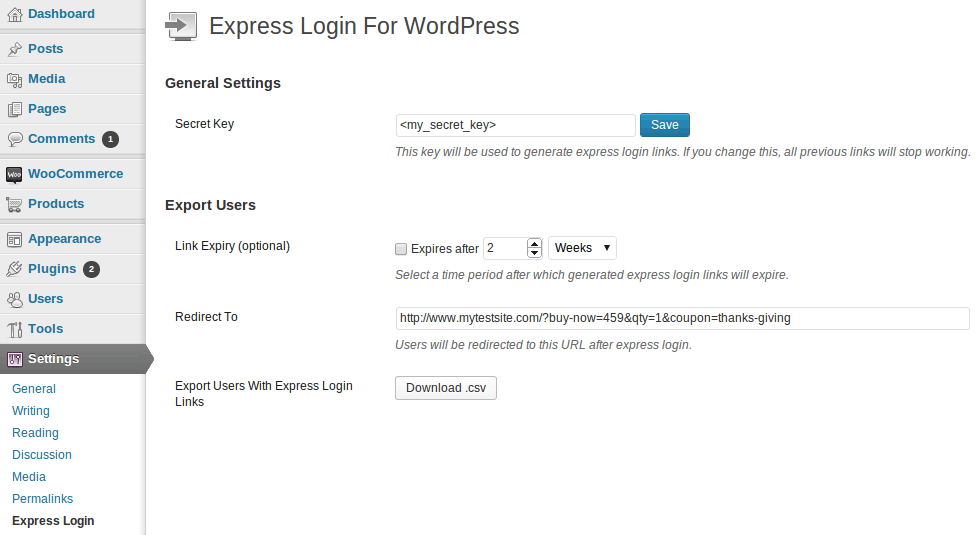 Express Login configuration page