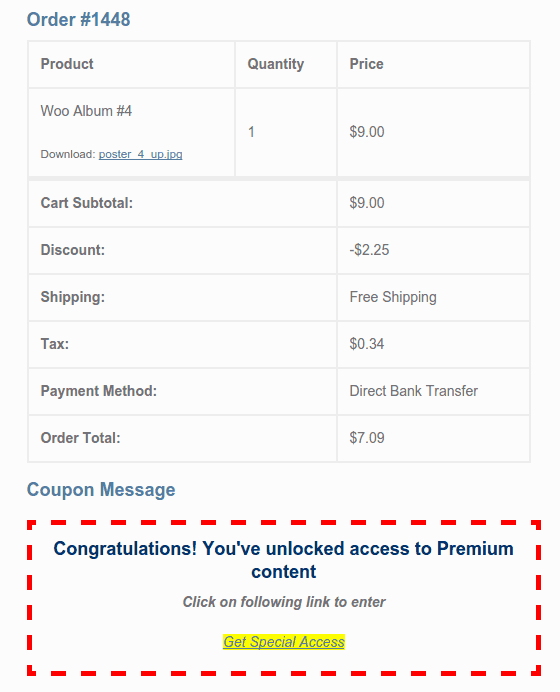 Coupon message in order confirmation email