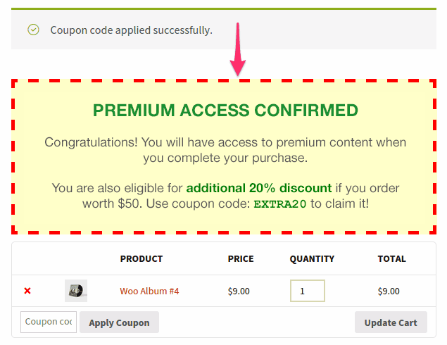 Coupon message showing on cart page