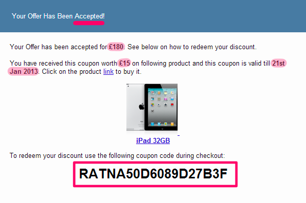 Resposta após o envio da oferta