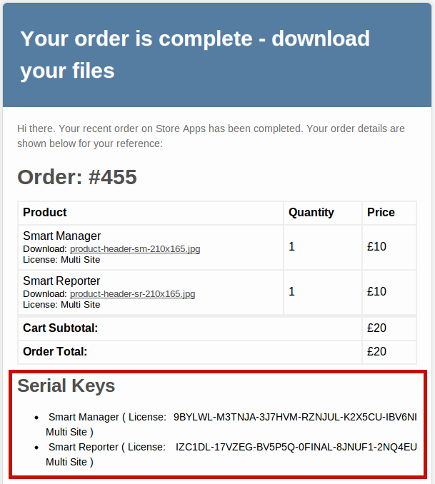 WooCommerce Serial Key plugin can send license key in email