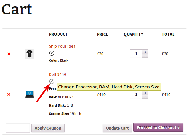 woocommerce cart plugin provides button to change product variations