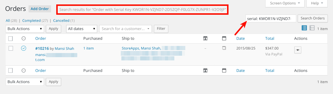 How to Search Filter Orders using Serial Keys