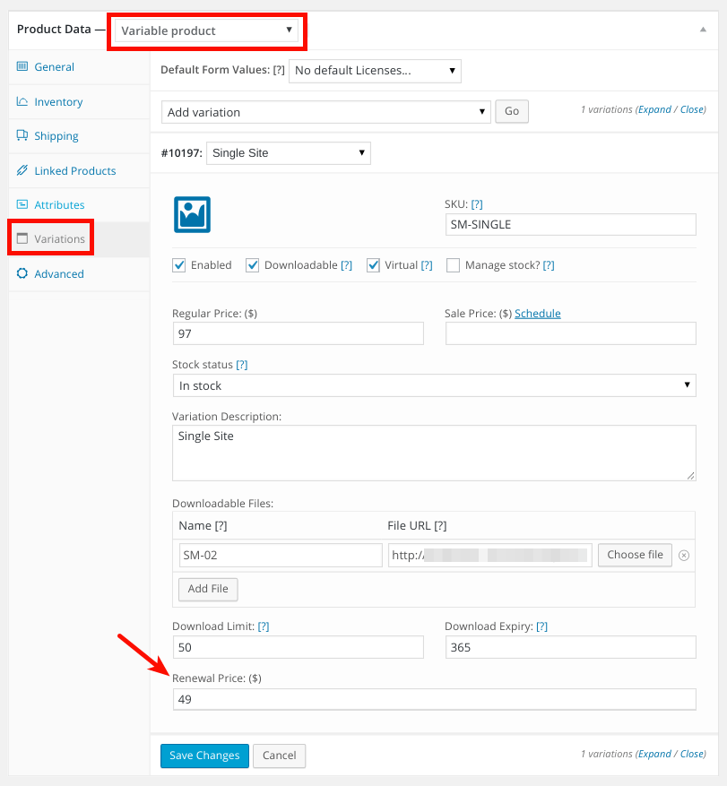 WooCommerce renewal variable product