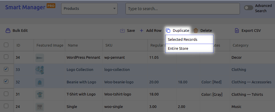 export products for woocommerce and duplicate records