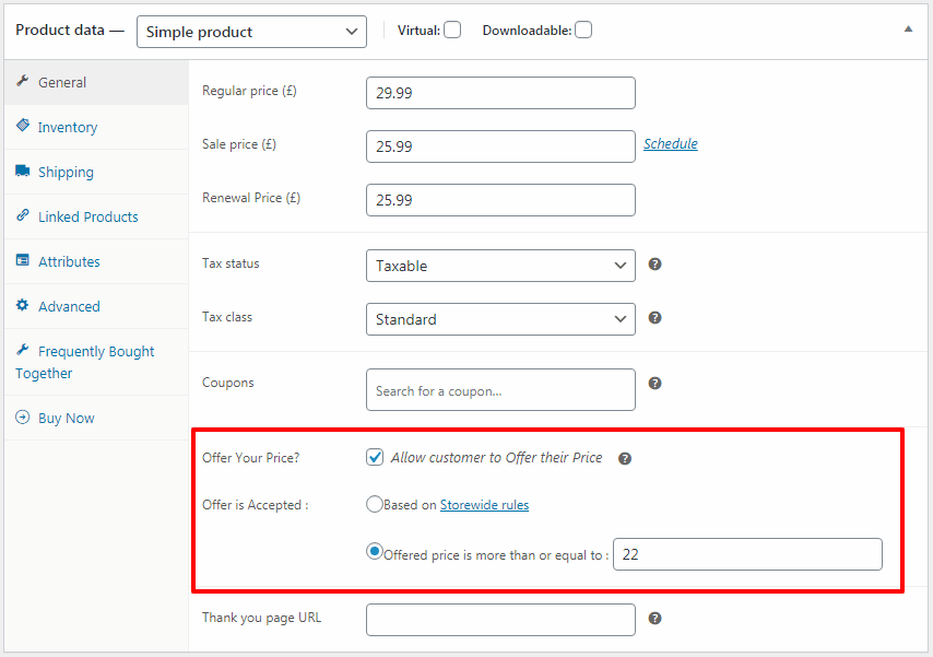 offer your price for simple product settings