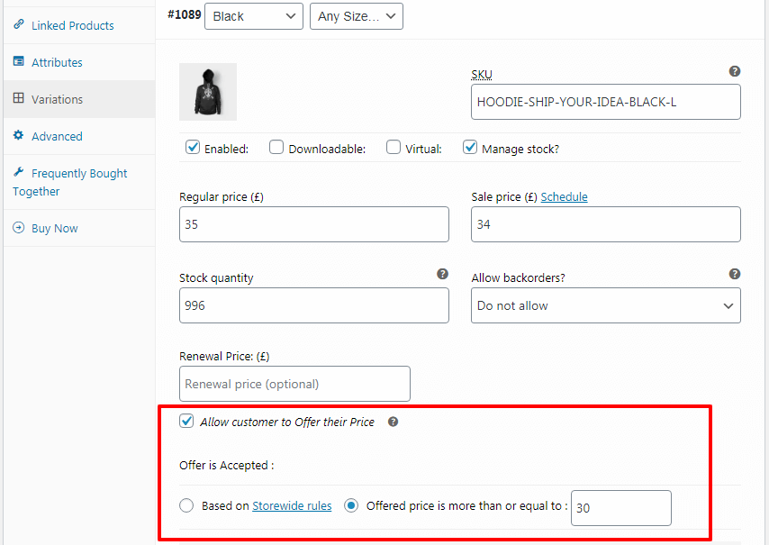 woocommerce offer your price variable product