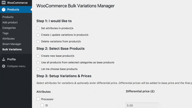 create woocommerce product variations using Bulk Variations Manager