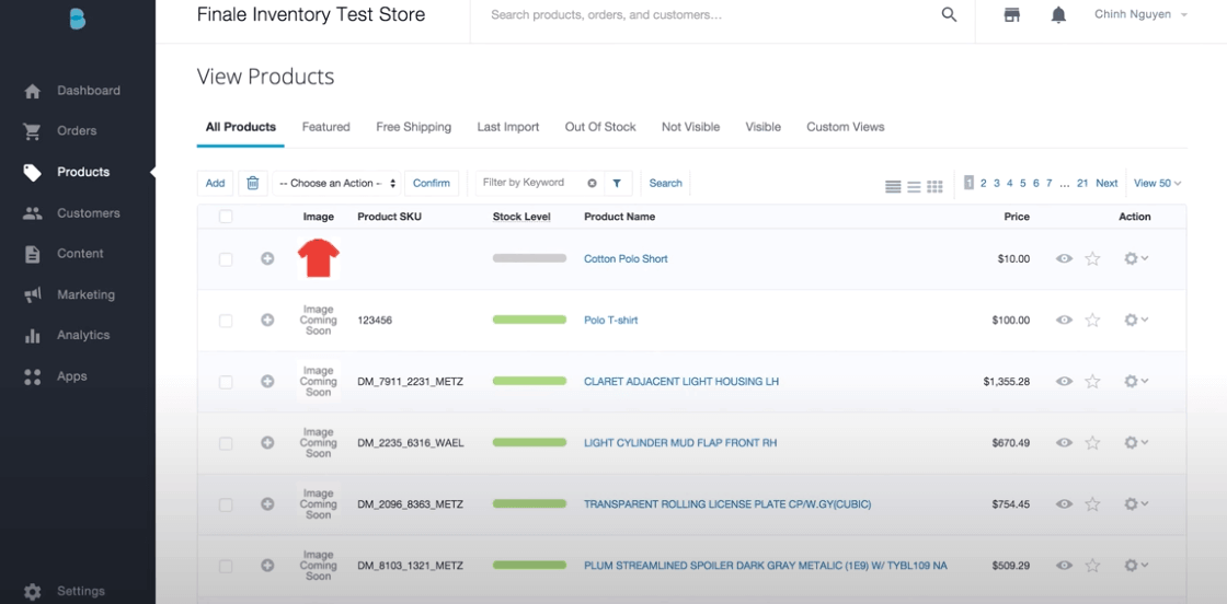 Finale inventory management dashboard