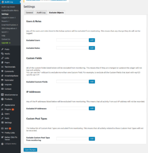 WP Activity Log settings exclude