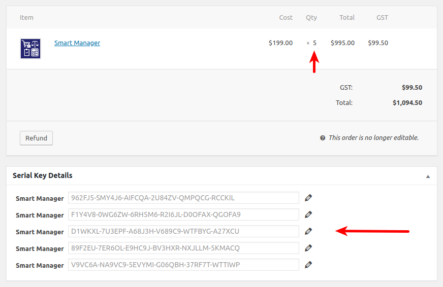 Unique serial key per quantity of the product purchased