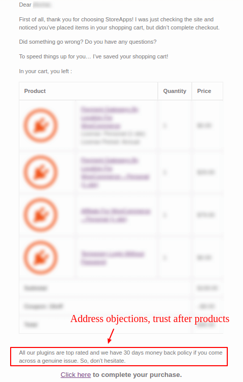 WooCommerce abandoned cart email address objections after products