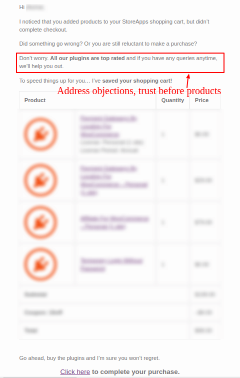 WooCommerce abandoned cart email address objections before products