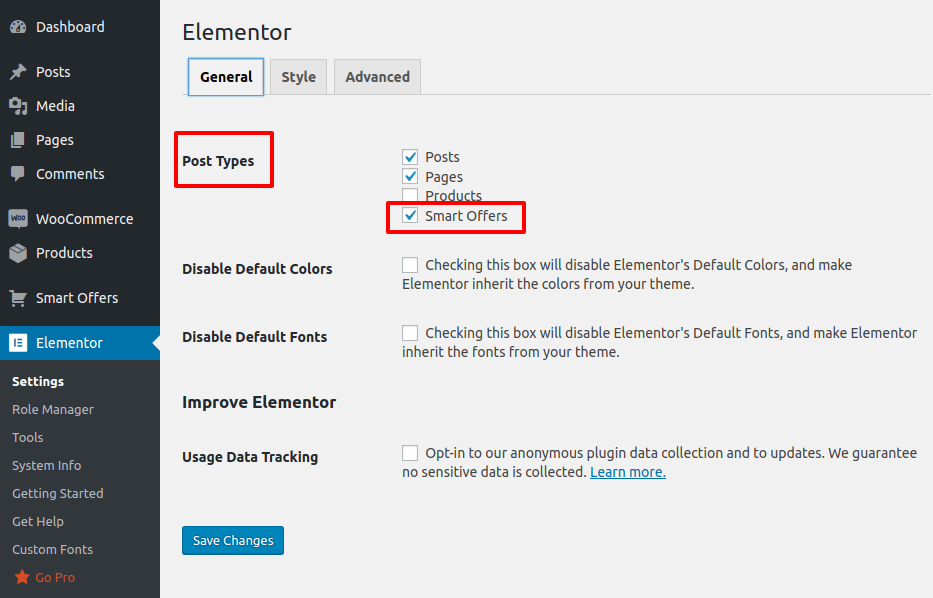 Smart Offers Elementor integration settings