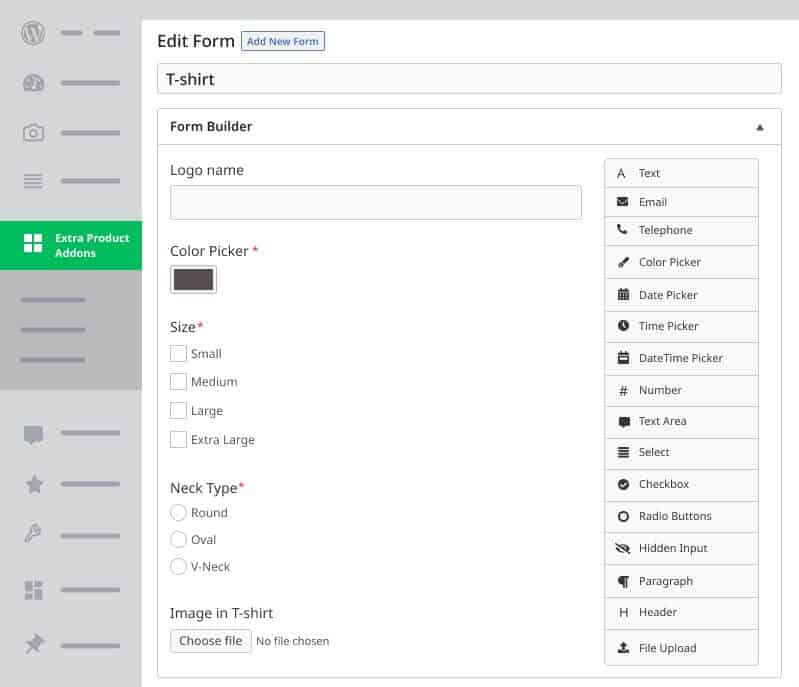 Extra Product Options plugin form builder