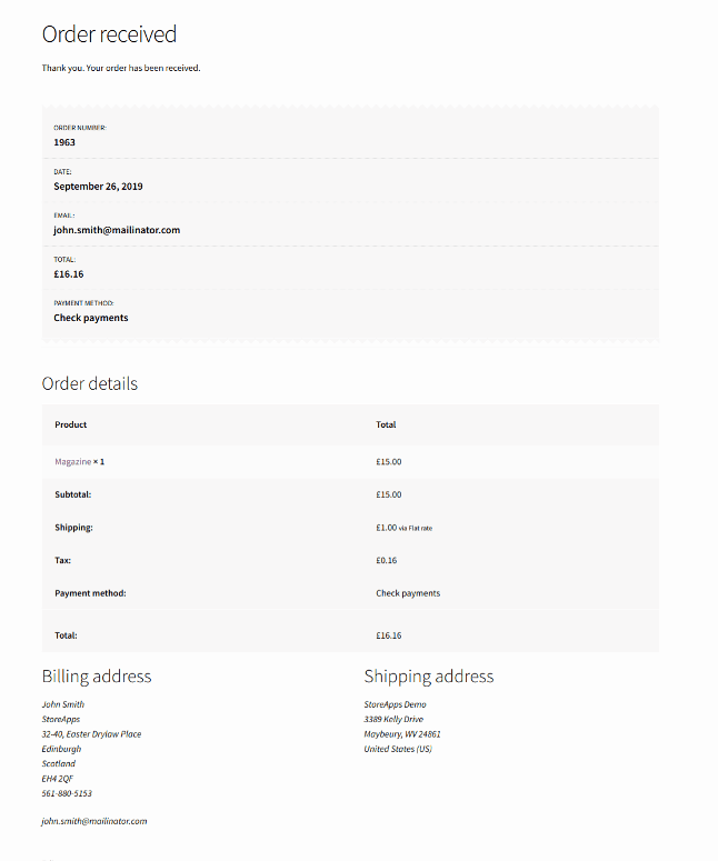 Default WooCommerce order received page