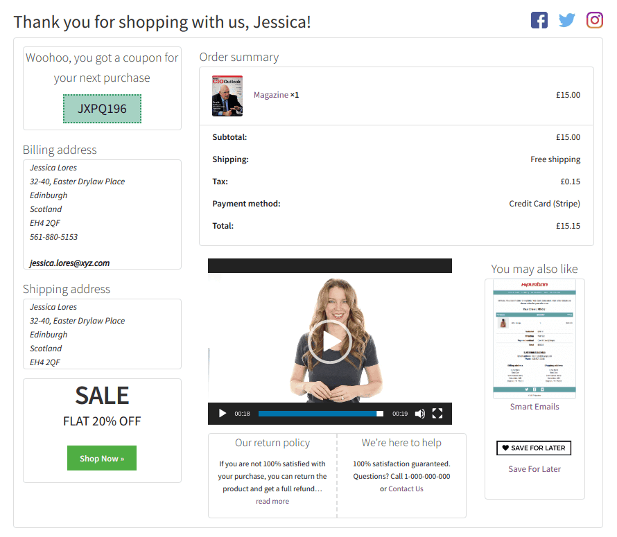 Customized WooCommerce thank you page using StoreApps plugin