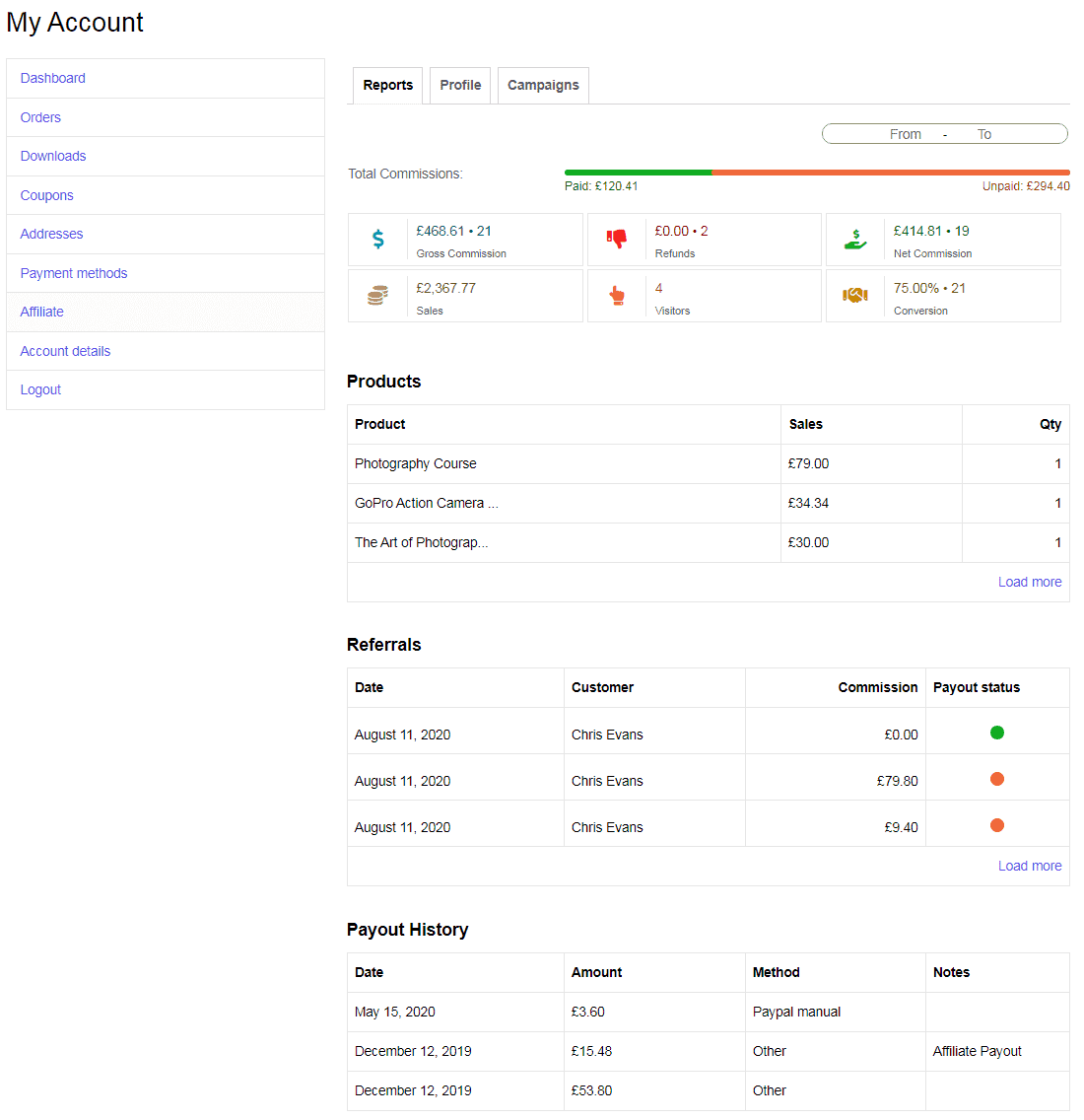 Dashboard for affiliates