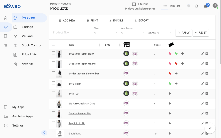 eSwap WooCommerce inventory management dashboard