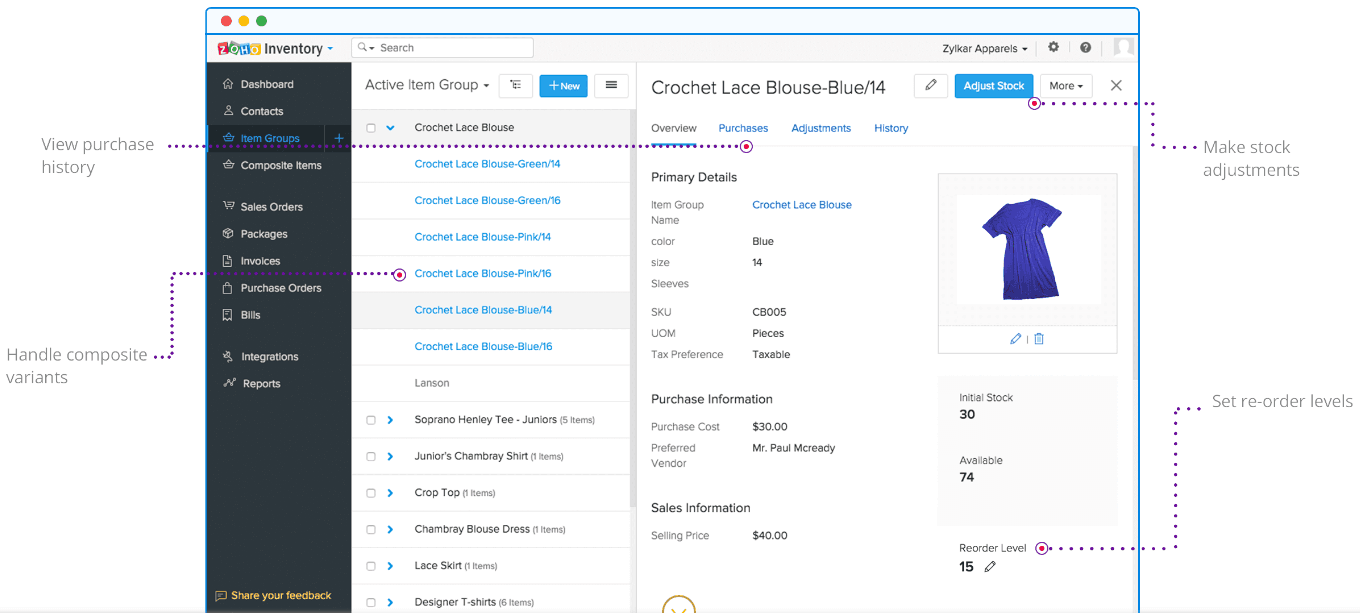 Zoho WooCommerce inventory management dashboard