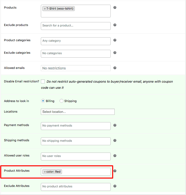 WooCommerce coupon product attribute setting