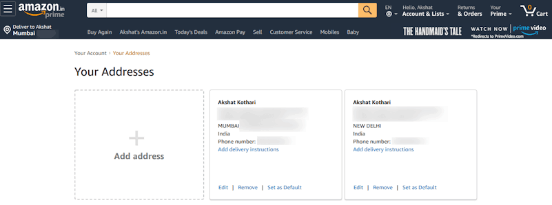 Amazon saved addresses example