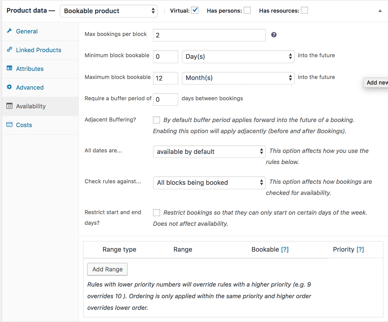 Availability data WooCommerce Bookings