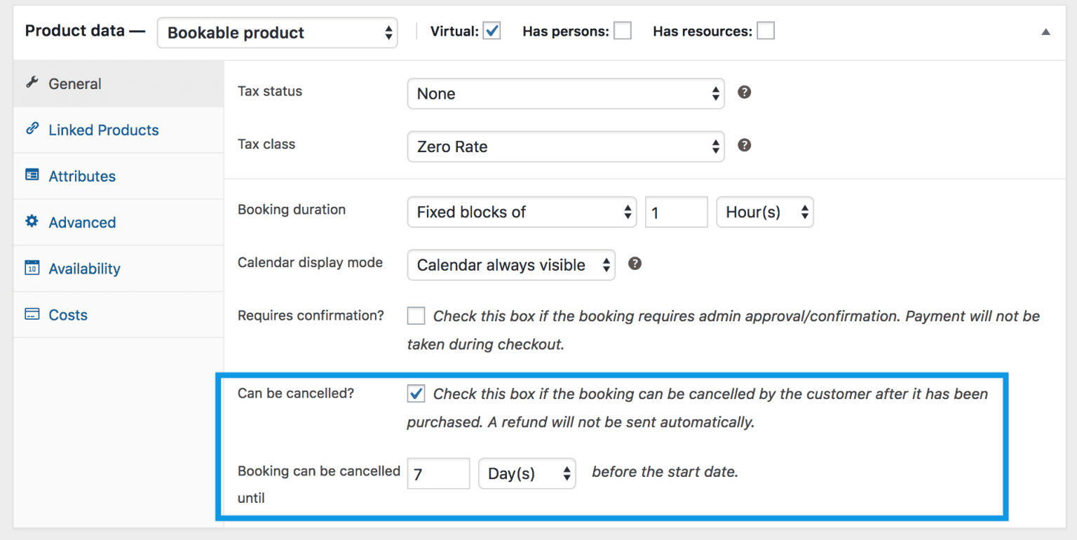 Bookable product settings