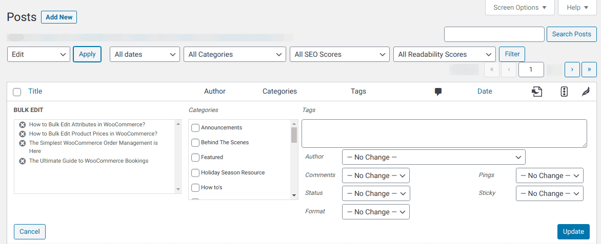 Bulk edit WordPress posts using default WooCommerce