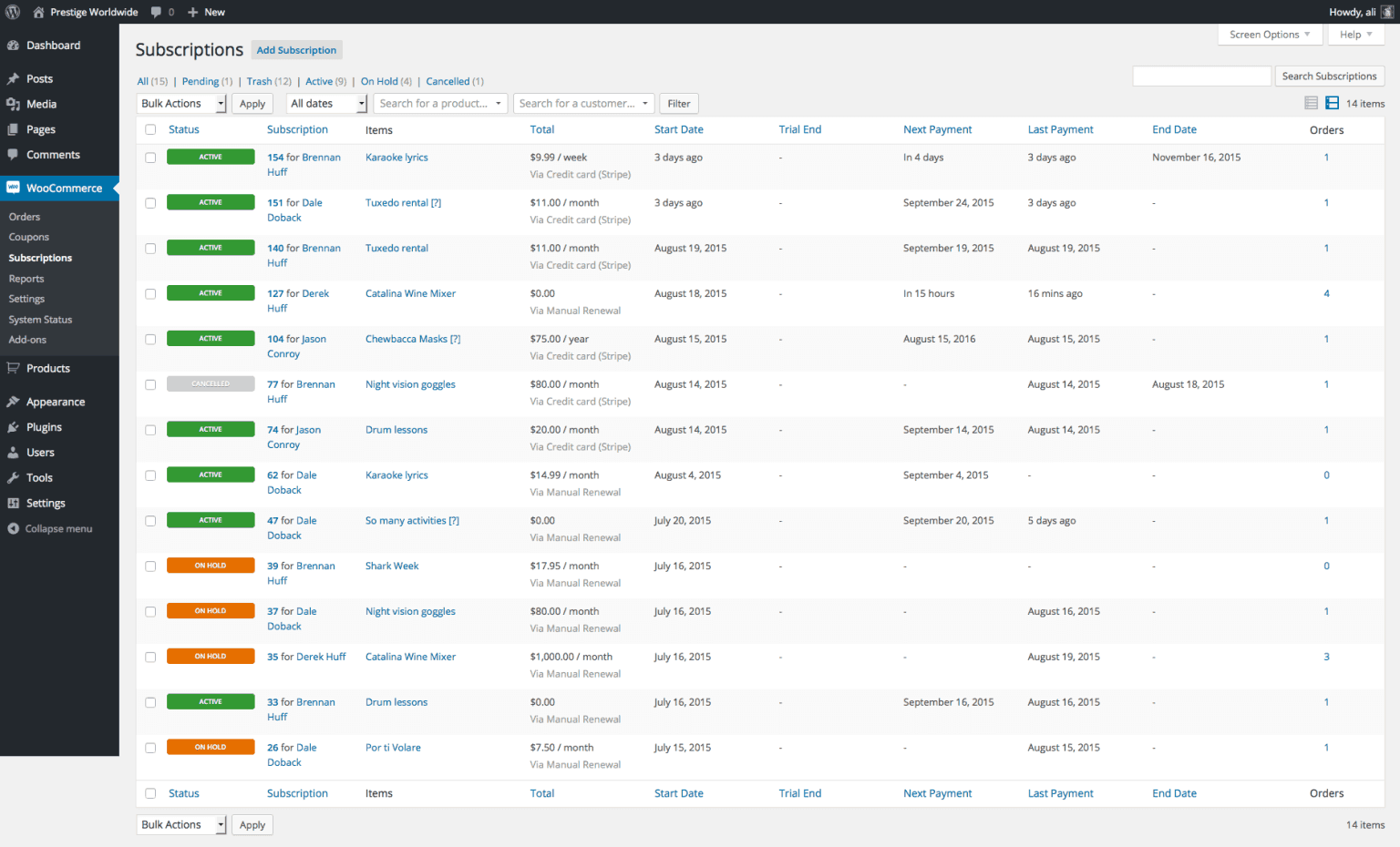 Managing WooCommerce subscriptions