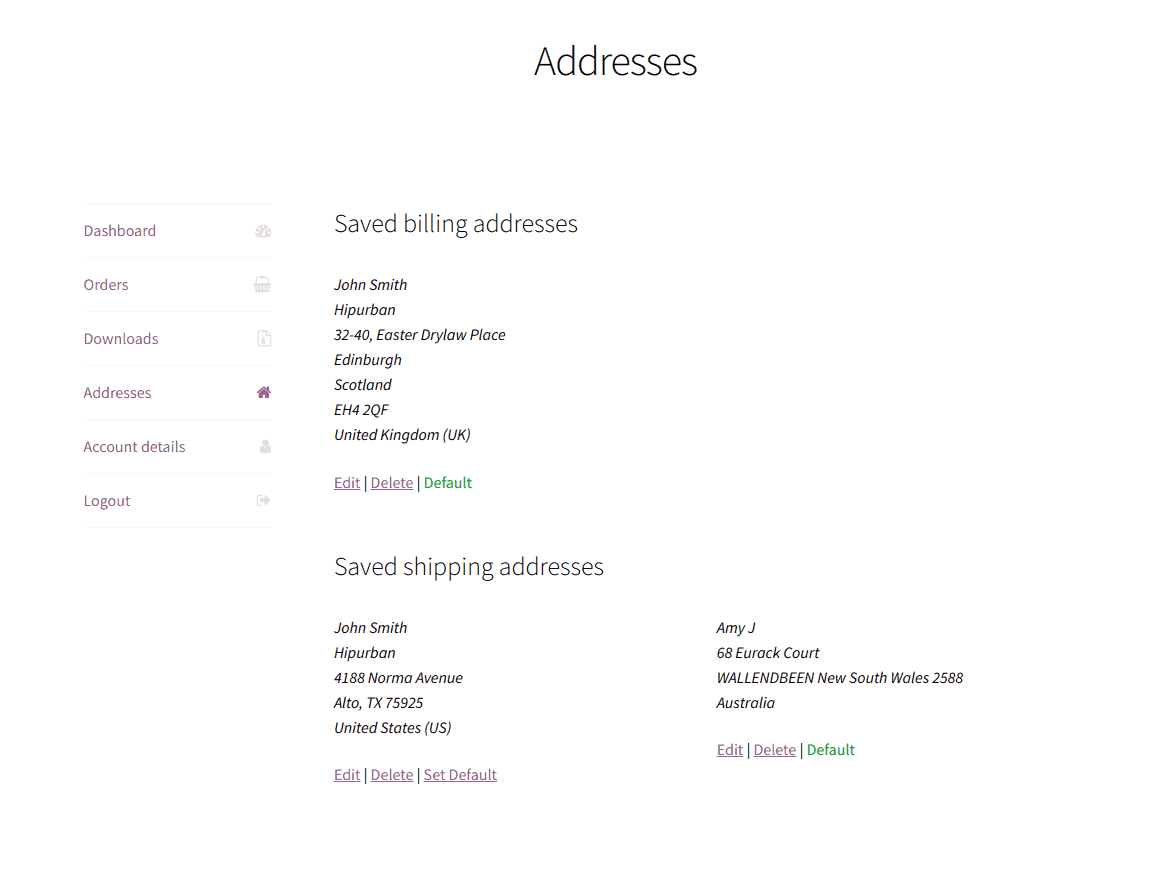 Manage saved addresses from  My Account