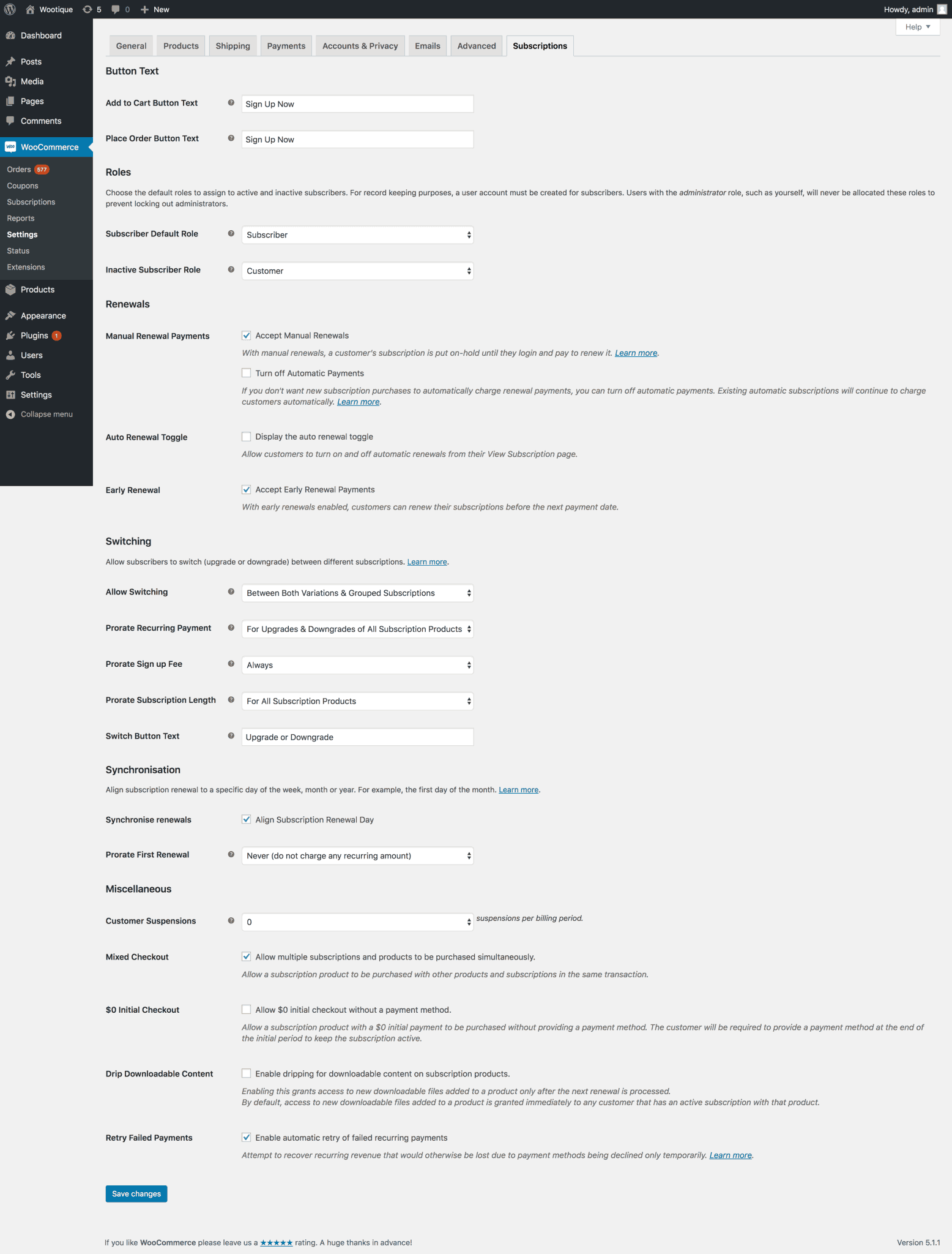 WooCommerce Subscriptions plugin settings