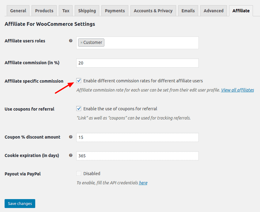 woocommerce different affiliate commission rates setting