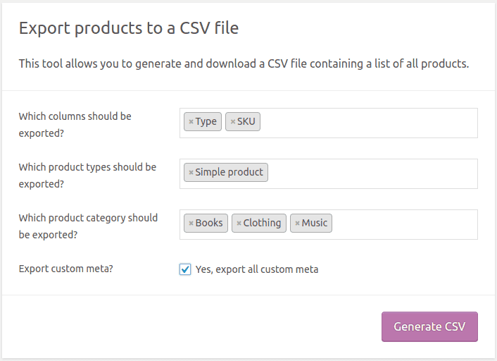 WooCommerce export products csv default