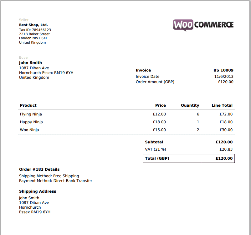 WooCommerce PDF Invoice plugin