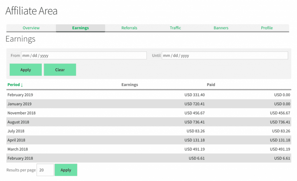 Affiliates Pro dashboard