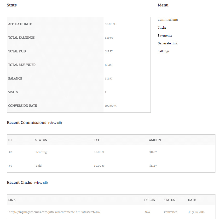 YITH WooCommerce Affiliates dashboard