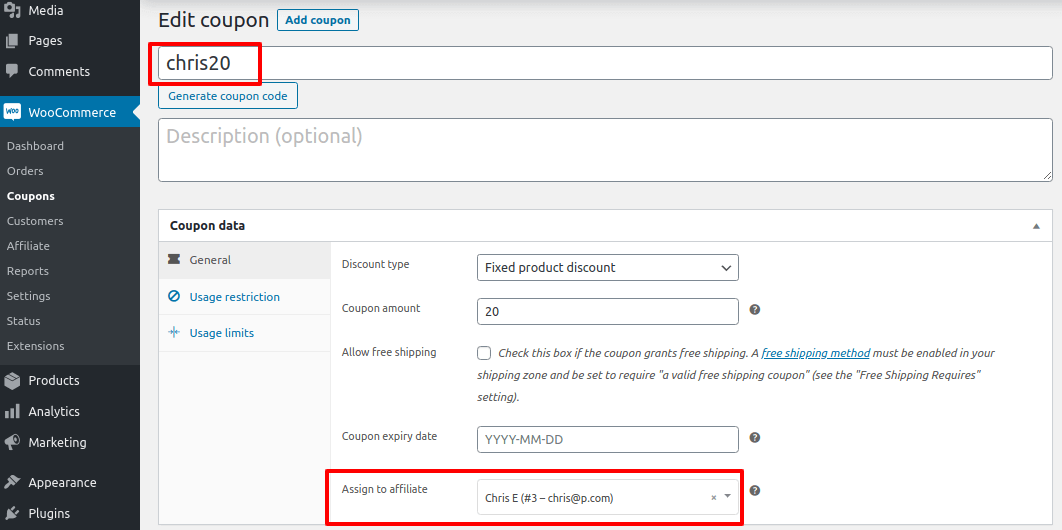 Assign shareable WooCommerce affiliate coupons