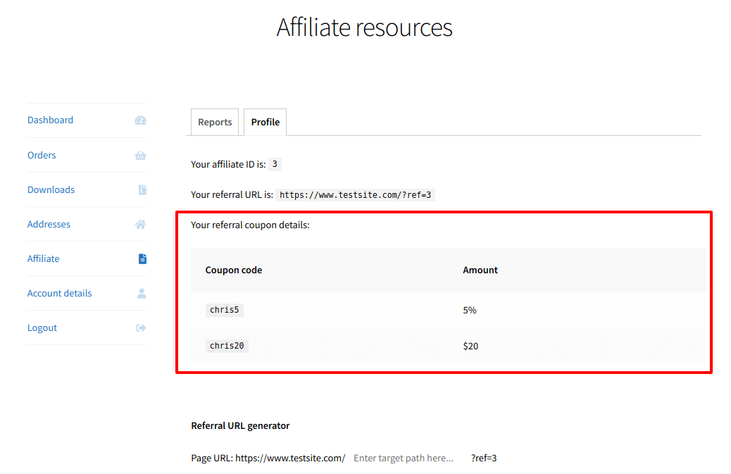 Affiliate for WooCommerce list of coupons under affiliate Profile