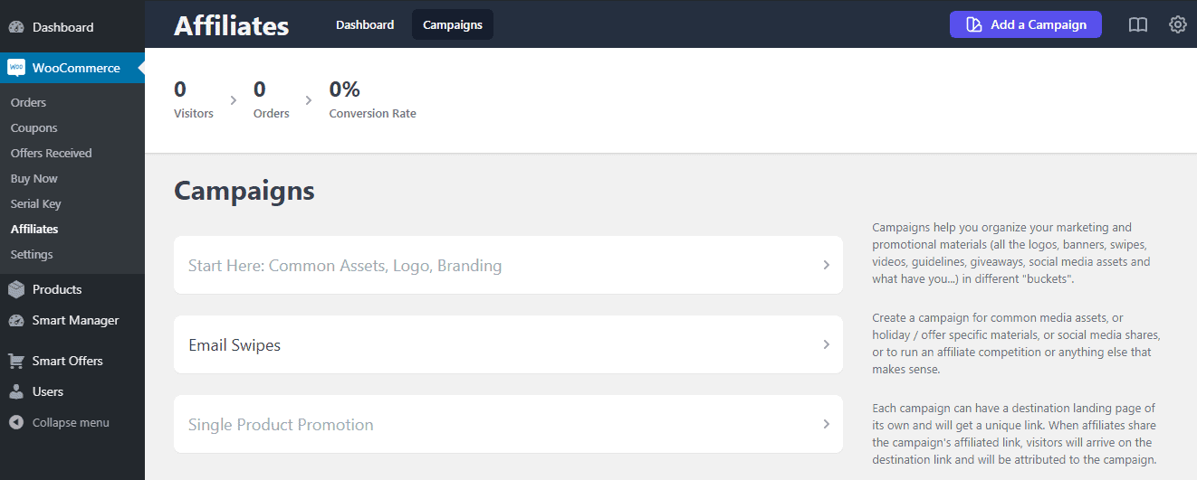 Affiliate for WooCommerce campaigns dashboard