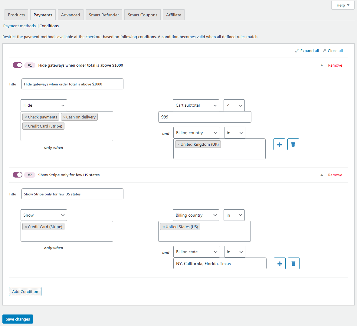 Conditional Payment Methods plugin settings