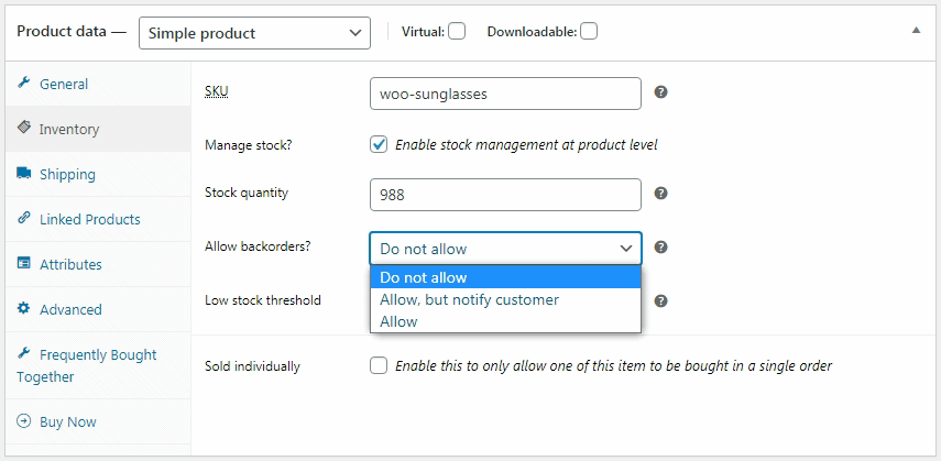 Default WooCommerce backorder management