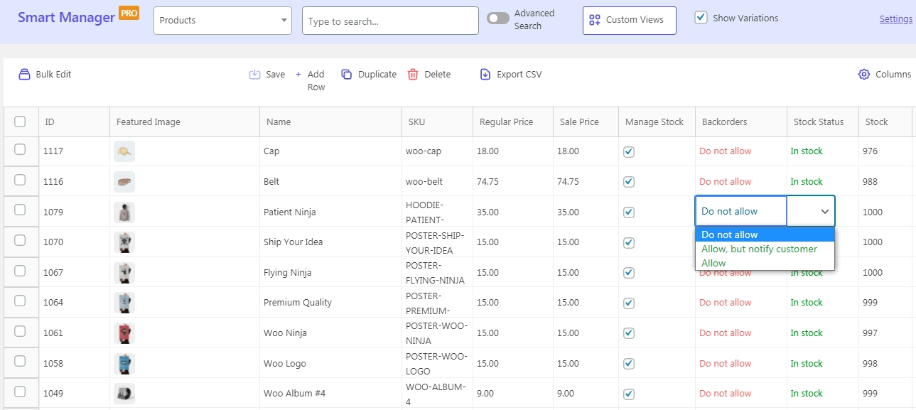 WooCommerce backorder management using Smart Manager plugin