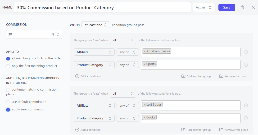 Product category based commission