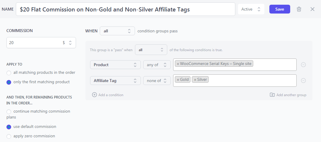 Affiliate commission based on tags