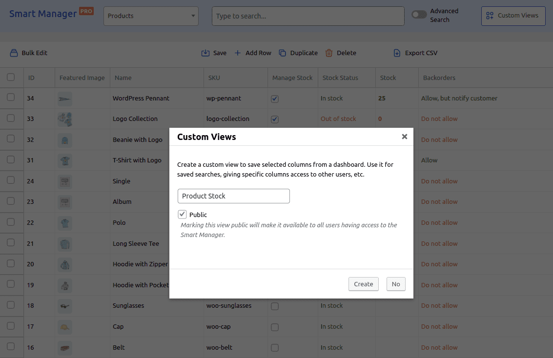 Smart Manager custom views option with permission