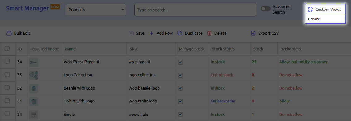 Smart Manager WooCommerce WordPress custom views option