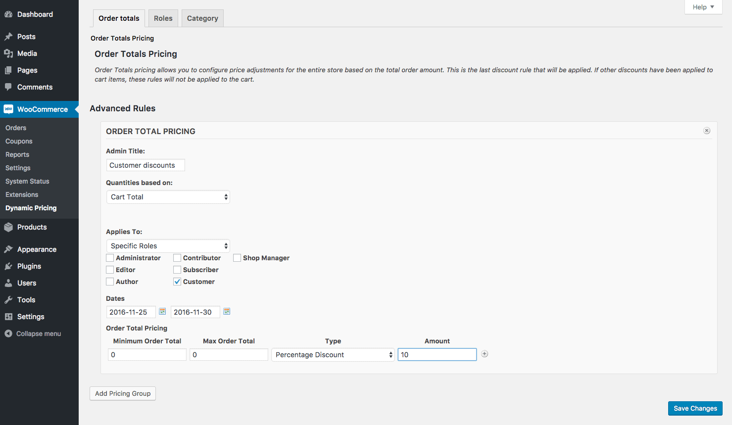 Woocommerce Dynamic Pricing plugin order total pricing