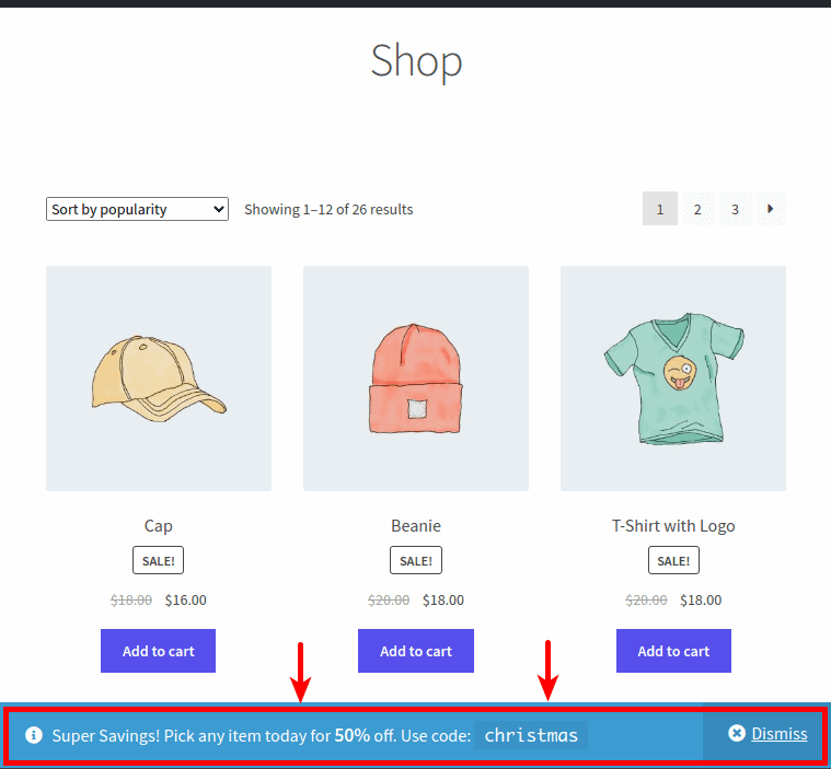 WooCommerce coupon code notice on shop, checkout and other pages
