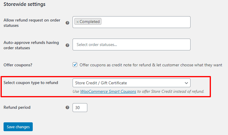 WooCommerce Smart Refunder settings select store credit option for refund